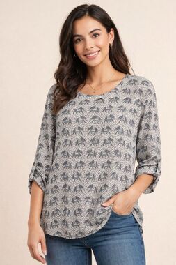 Pixley Elephant Print Blouse Medium Gray Roll Tab Sleeve Boho Top